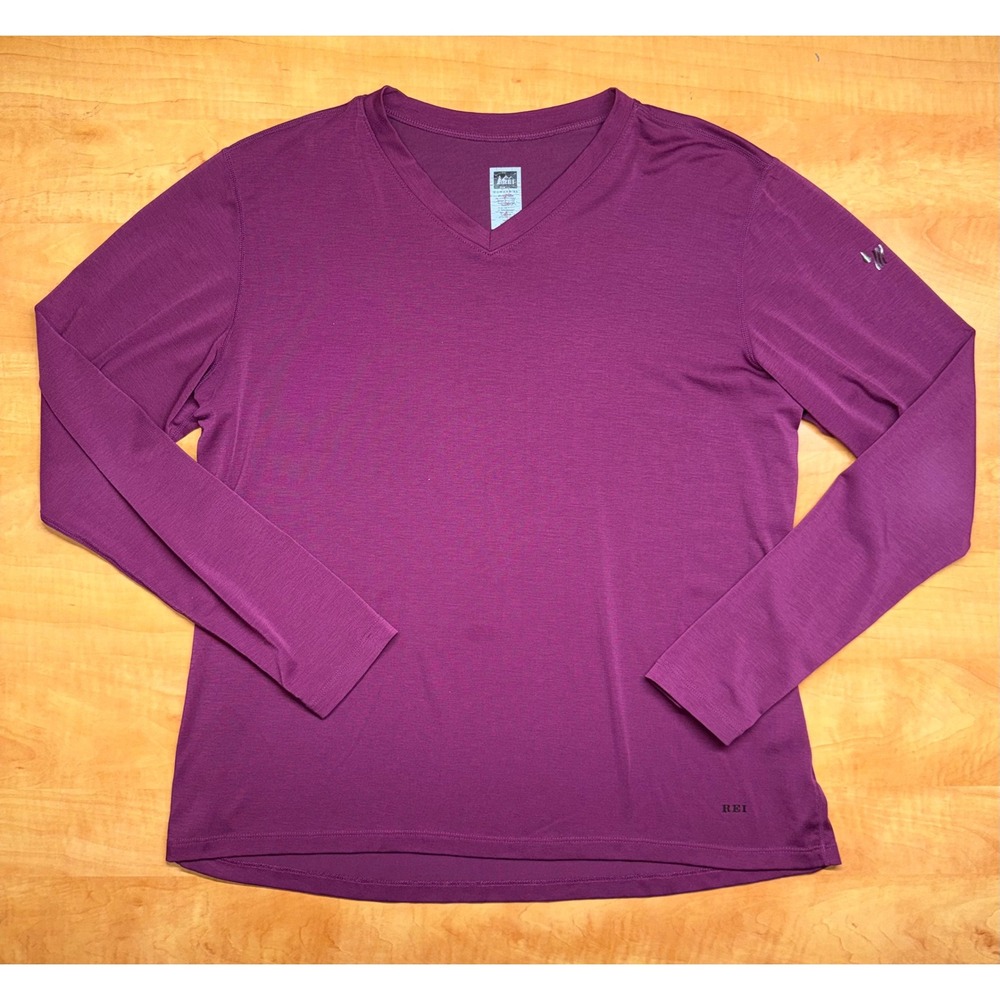 REI Womens XL Long Sleeve V-Neck Base Layer Top Purple UPF 50+ Hiking Shirt